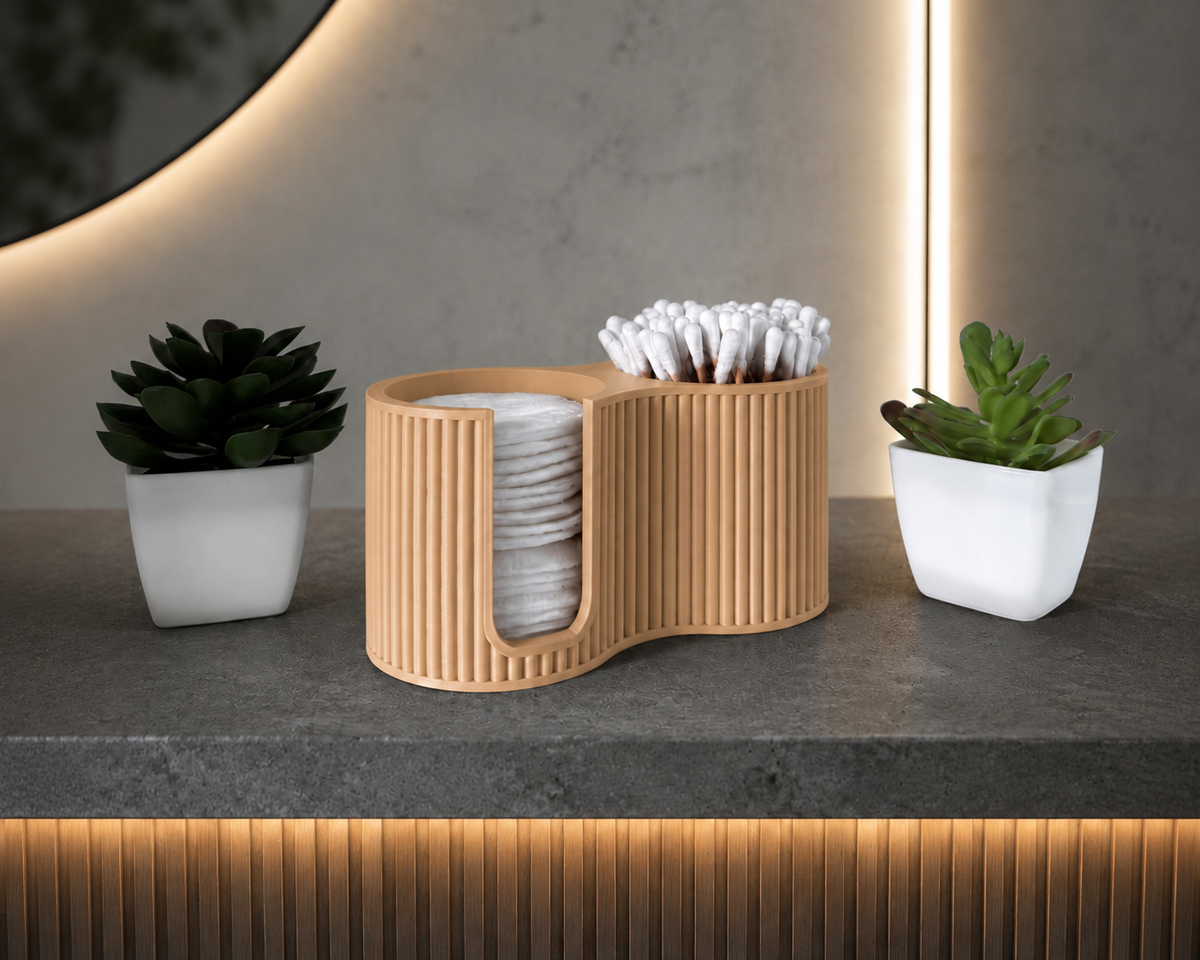 Badezimmer Organizer 2-in-1 – Wattepads & Wattestäbchen | Geriffelt | Schwarz, Weiß, Grau, Latte-Braun